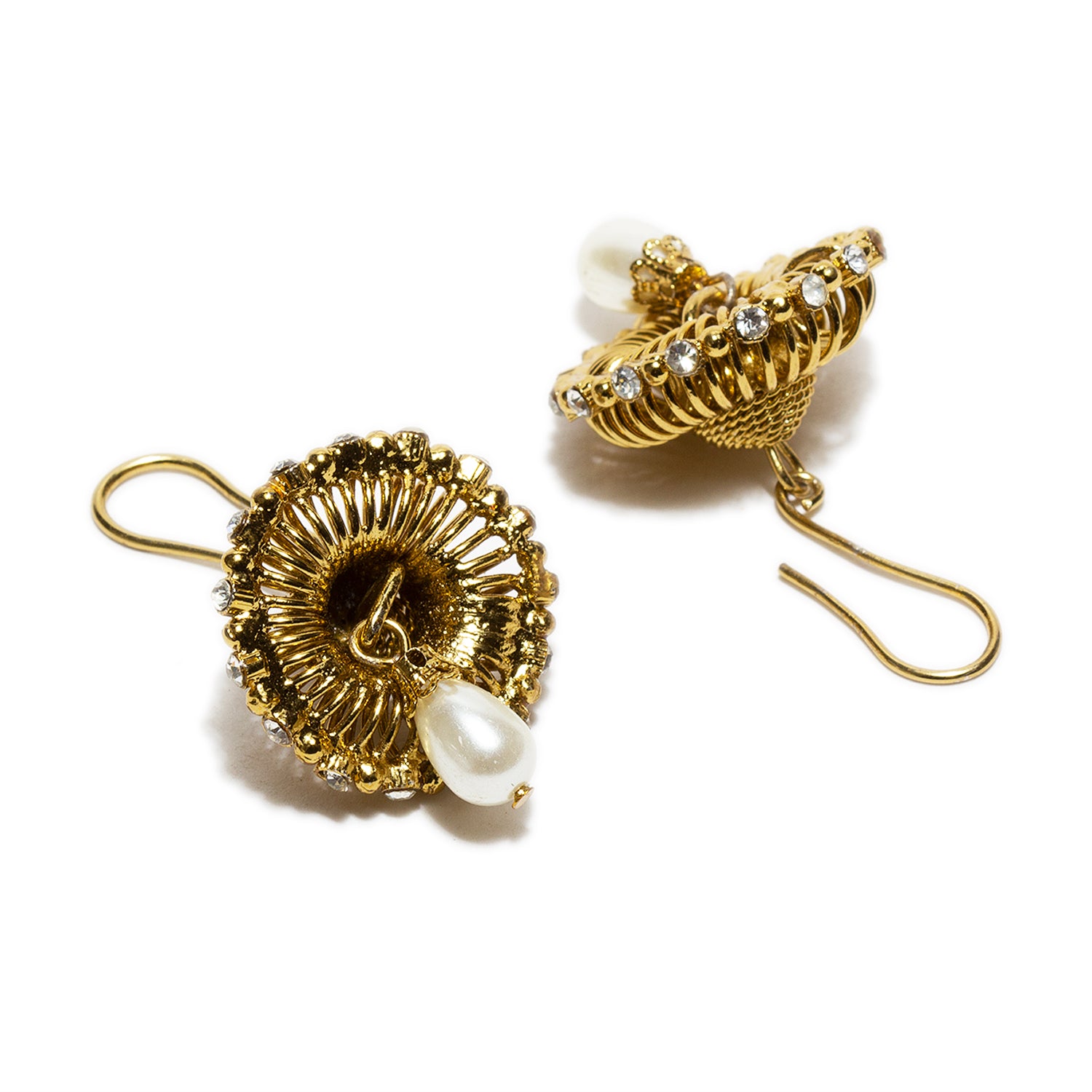 bindhani gold plated white drop white stone fish hook jhumka earrings for women and girls