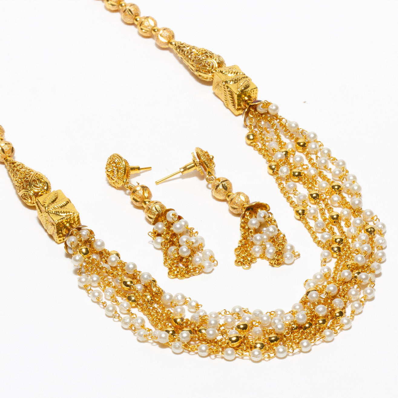 bindhani gold plated white golden color pearl mala necklace & earring for women