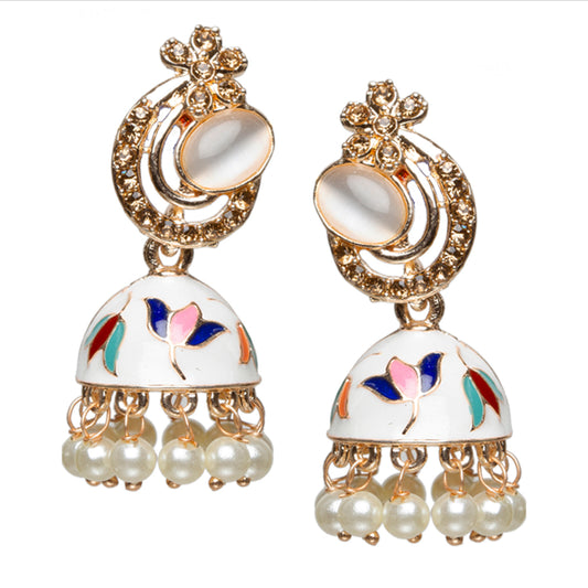 bindhani gold plated white golden stone multi color pearl drop small meenakari jhumki earrings women teenage girls