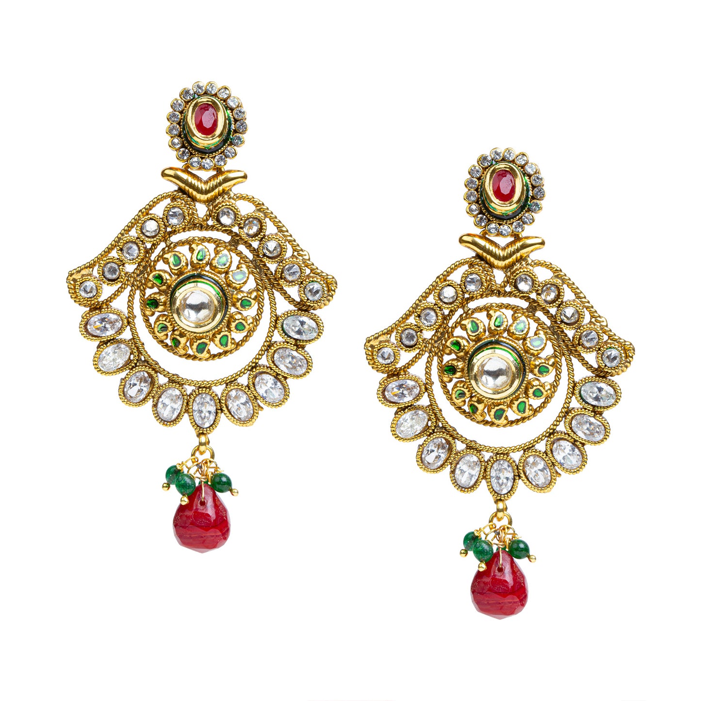 bindhani gold plated white green stone red drop copper earrings for women