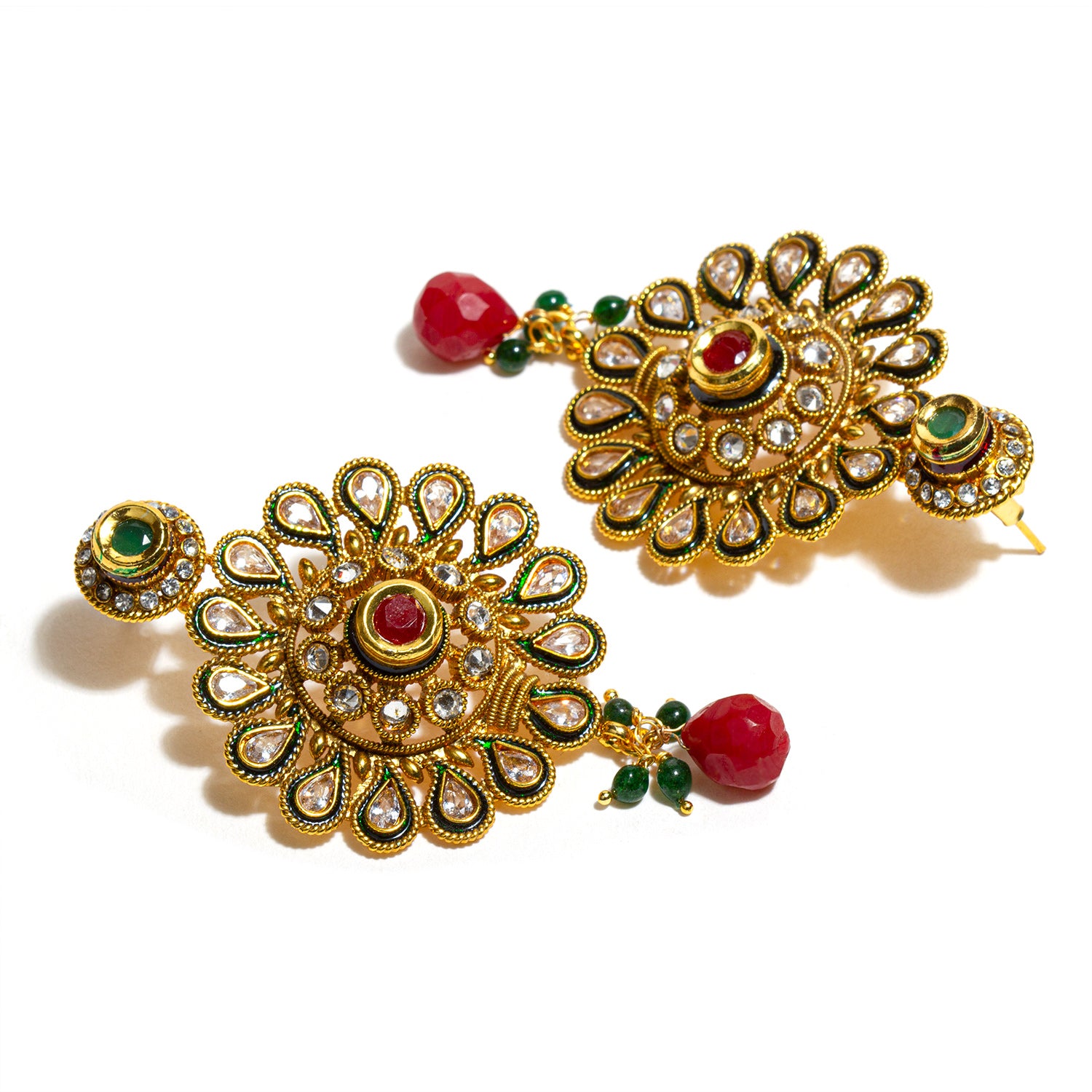 bindhani gold plated white green stone red pearl drop earrings for women