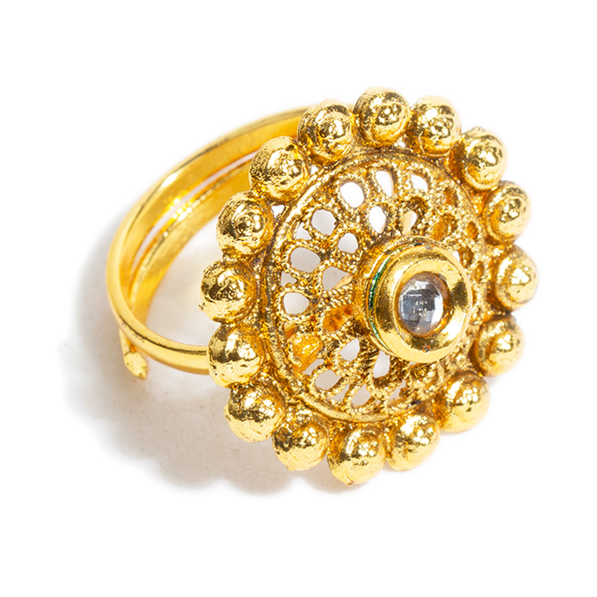 bindhani gold plated white kundan stone finger ring adjustable for women and girls