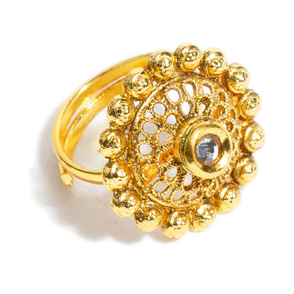 bindhani gold plated white kundan stone finger ring adjustable for women and girls