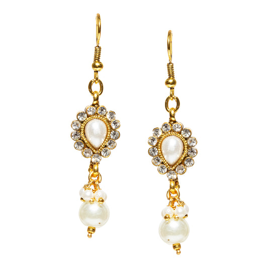 bindhani gold plated white pearl drop beads white stone fish hook small earrings for women and girls