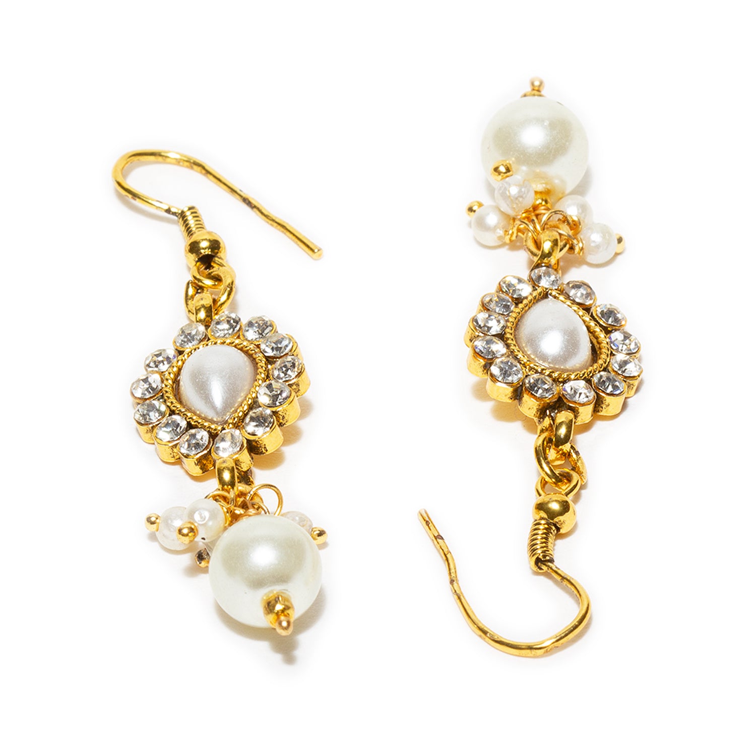 bindhani gold plated white pearl drop beads white stone fish hook small earrings for women and girls