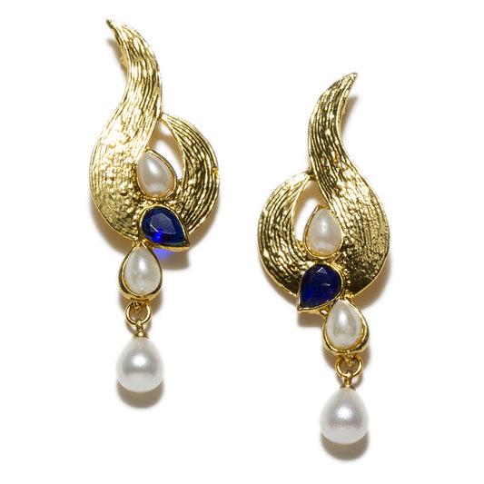 bindhani gold plated white pearl drop blue stone dangle earrings for women girls