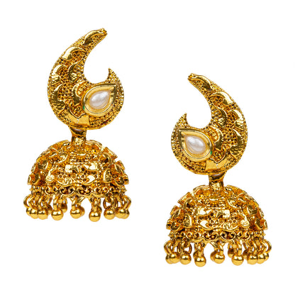 bindhani gold plated white pearl kundan jhumka earrings for women girls