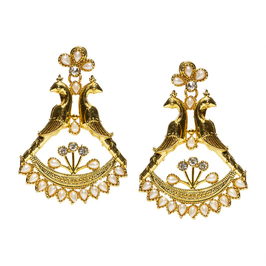 bindhani gold plated white pearl stone peacock earrings for women and girls