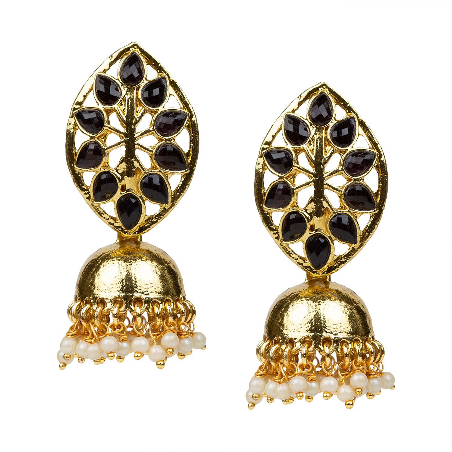 bindhani gold plated white pearls black stone jhumka earrings for women girls