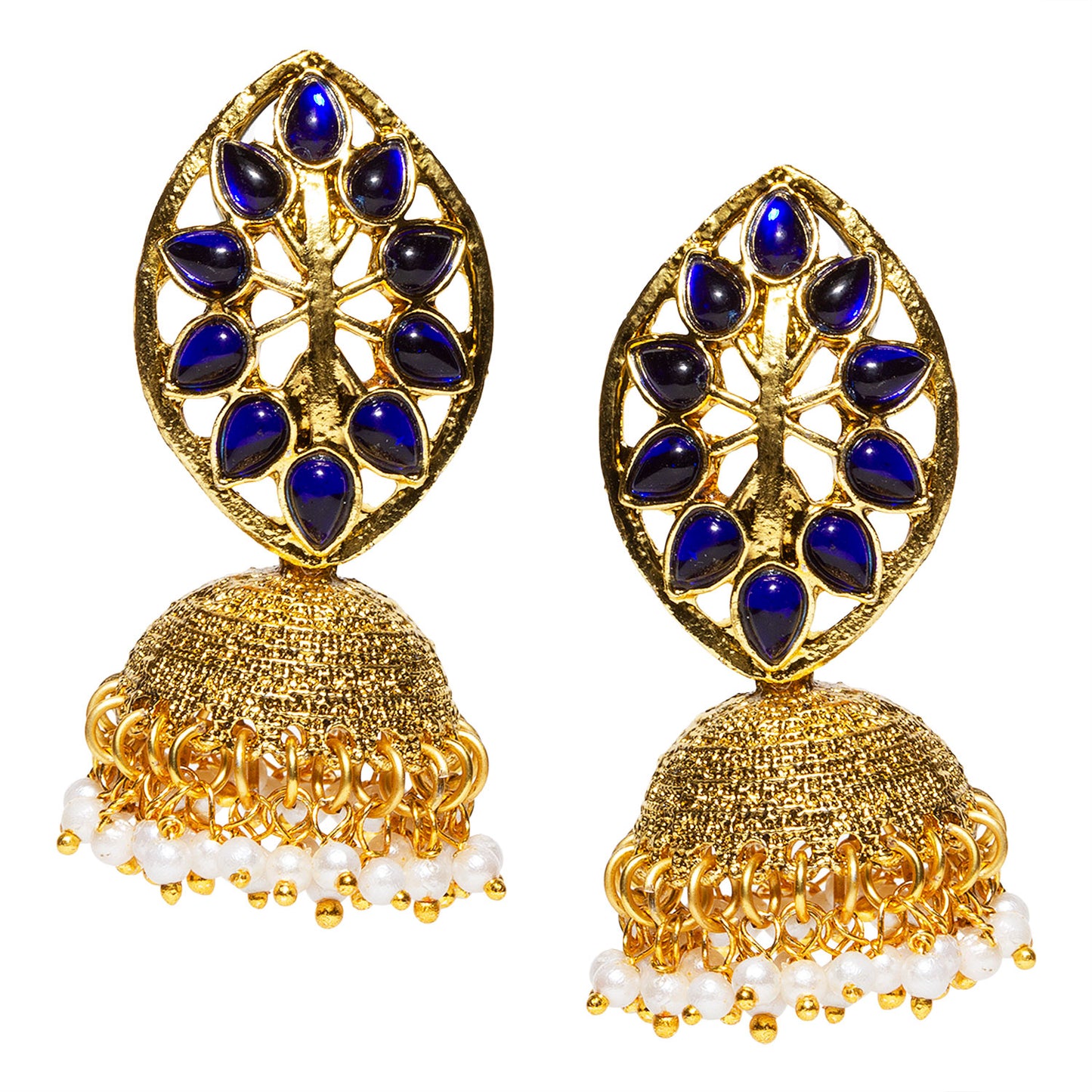 bindhani gold plated white pearls blue stone jhumka earrings for women and teenage girls