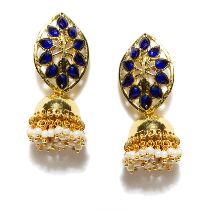 bindhani gold plated white pearls blue stone jhumka earrings for women girls