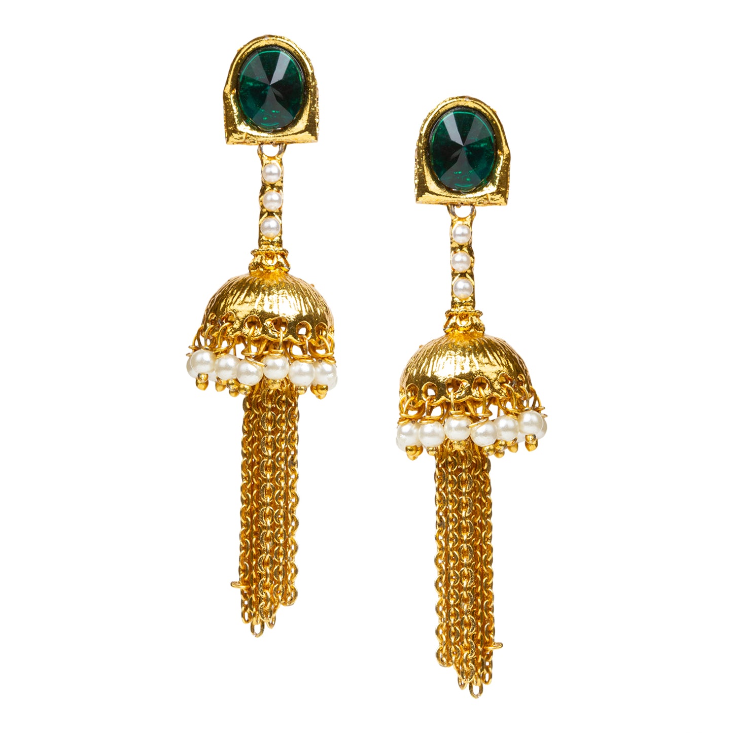 bindhani gold plated white pearls green stone dangle earrings for women