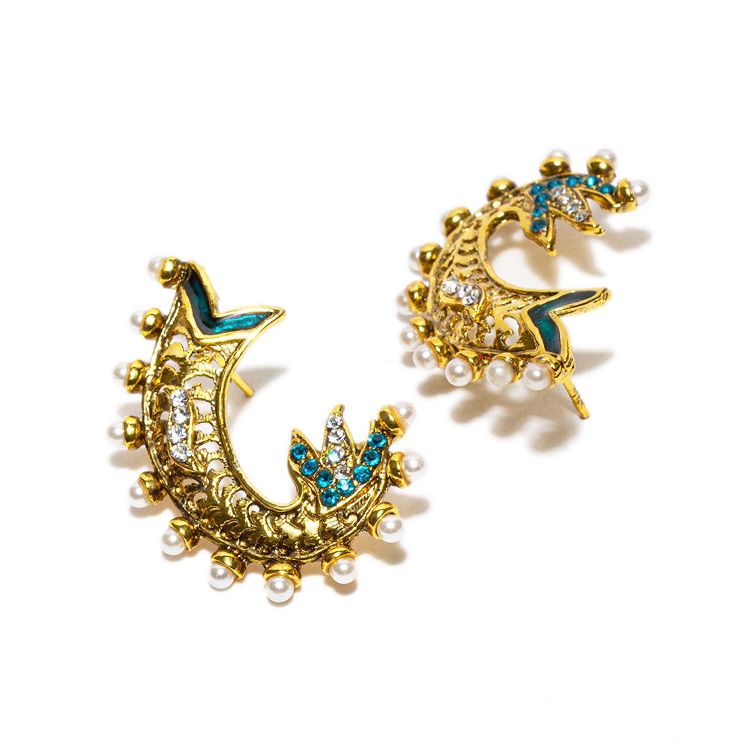 bindhani gold plated white pearls meenakari work turquoise white stone dangle earrings for women girls