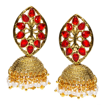 bindhani gold plated white pearls red stone jhumka earrings for women and teenage girls