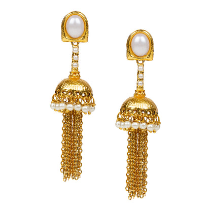 bindhani gold plated white pearls white stone dangle earrings for women