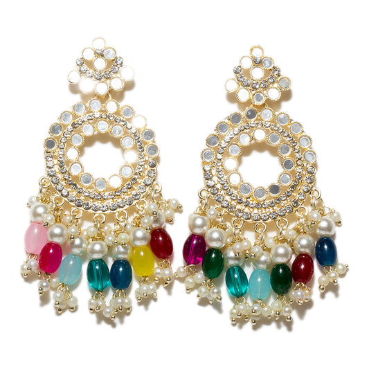 bindhani gold plated white stone beads mirror hanging multi colorful drop earring for women girls