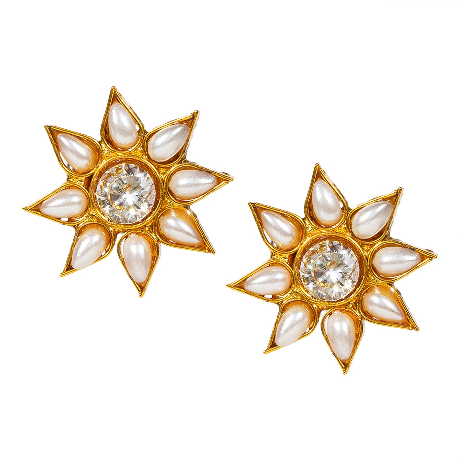  bindhani gold plated white stone flower shaped small stud earrings for women and girls