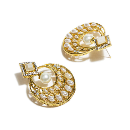 bindhani gold plated white stone white pearl drop earrings for women