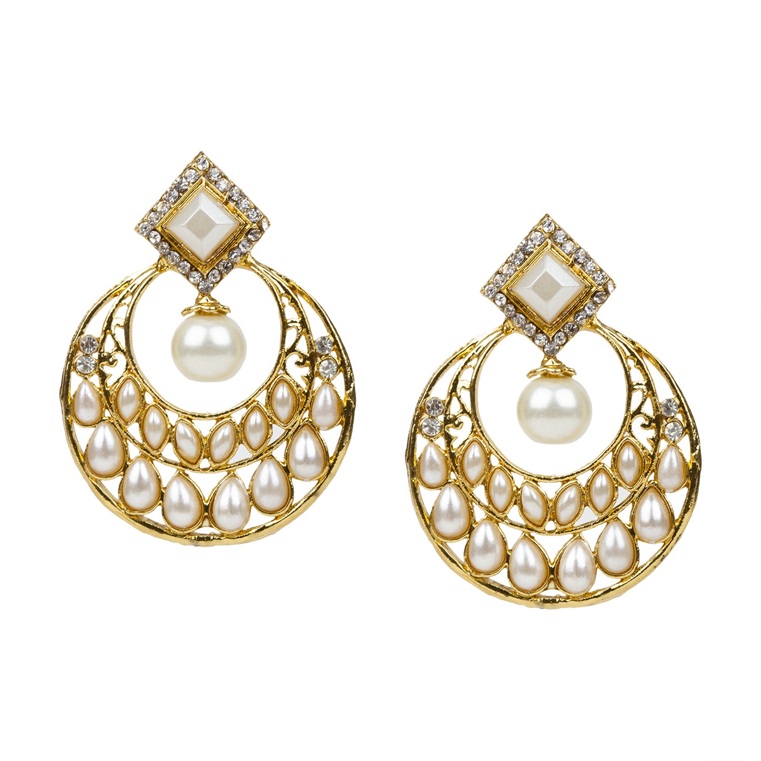 bindhani gold plated white stone white pearl drop earrings for women