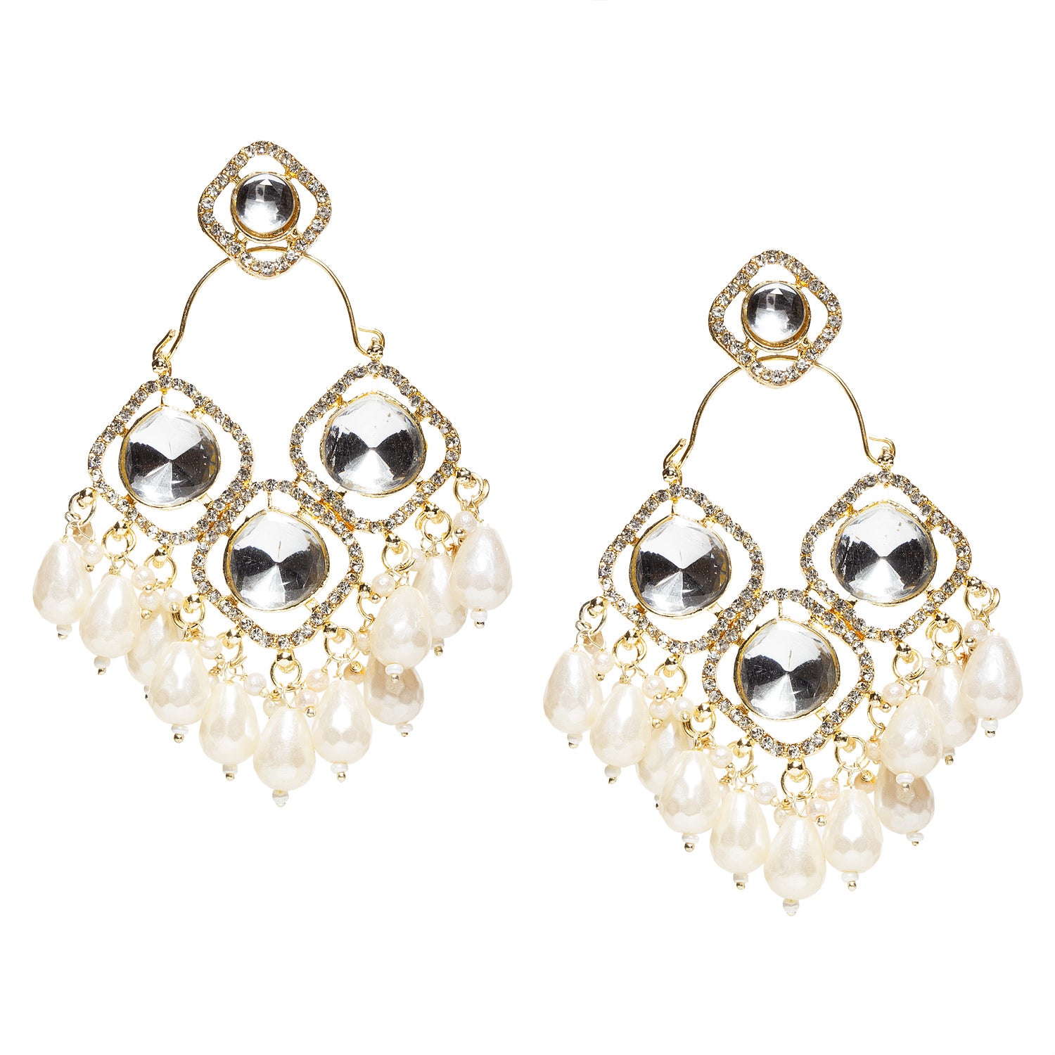 bindhani gold plated white stone white pearl drop chandelier earring for women girls