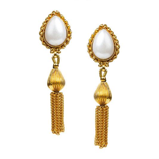 bindhani gold plated white tassel earrings for women