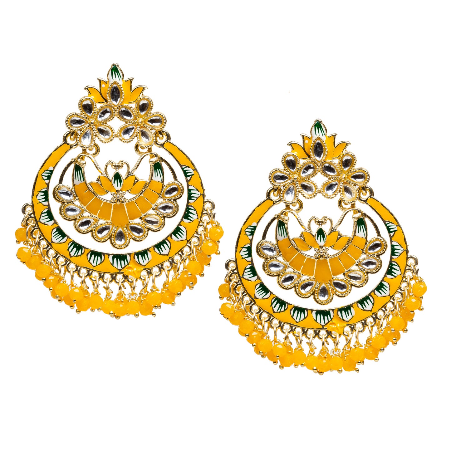 bindhani gold plated yellow beads kundan stone meeanakari chandball earrings for women girls