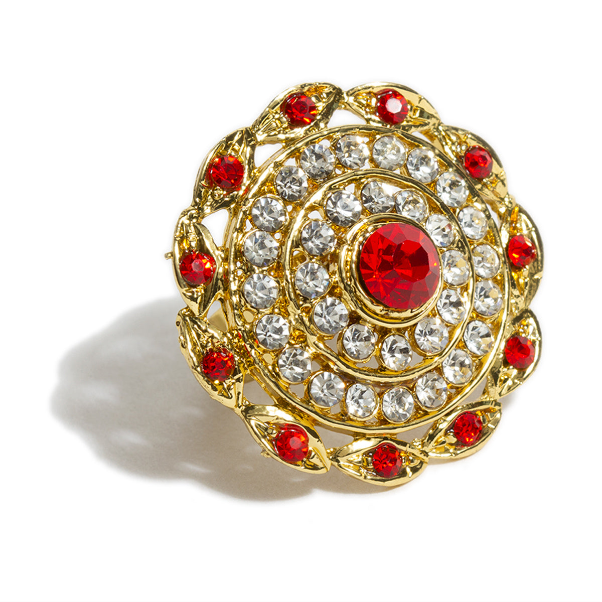 bindhani gold toned ring round shaped ring red white stone adjustable finger ring for women and girls