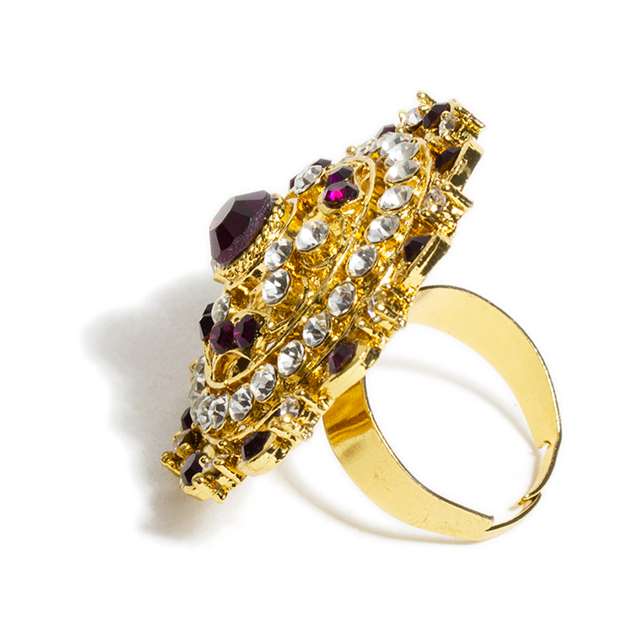 bindhani gold toned round shaped purple white stone adjustable finger ring for women and girls