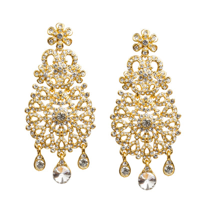 Bindhani gold-toned chandelier wedding earrings for women with intricate filigree design, adorned with sparkling clear stones, featuring floral motifs and three teardrop-shaped dangling accents