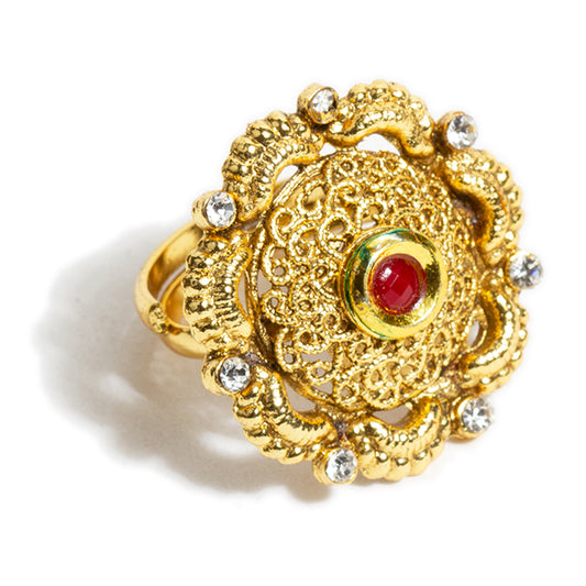 bindhani gold toned white red kundan stone finger ring adjustable for women and girls