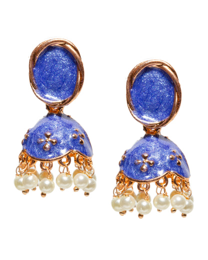 Bindhani rosegold-tone jhumka earrings featuring oval stud tops with blue meenakari enamel work. The earrings have dome-shaped drops adorned with embossed motifs and dangling white pearl beads, creating a graceful traditional ethnic look.