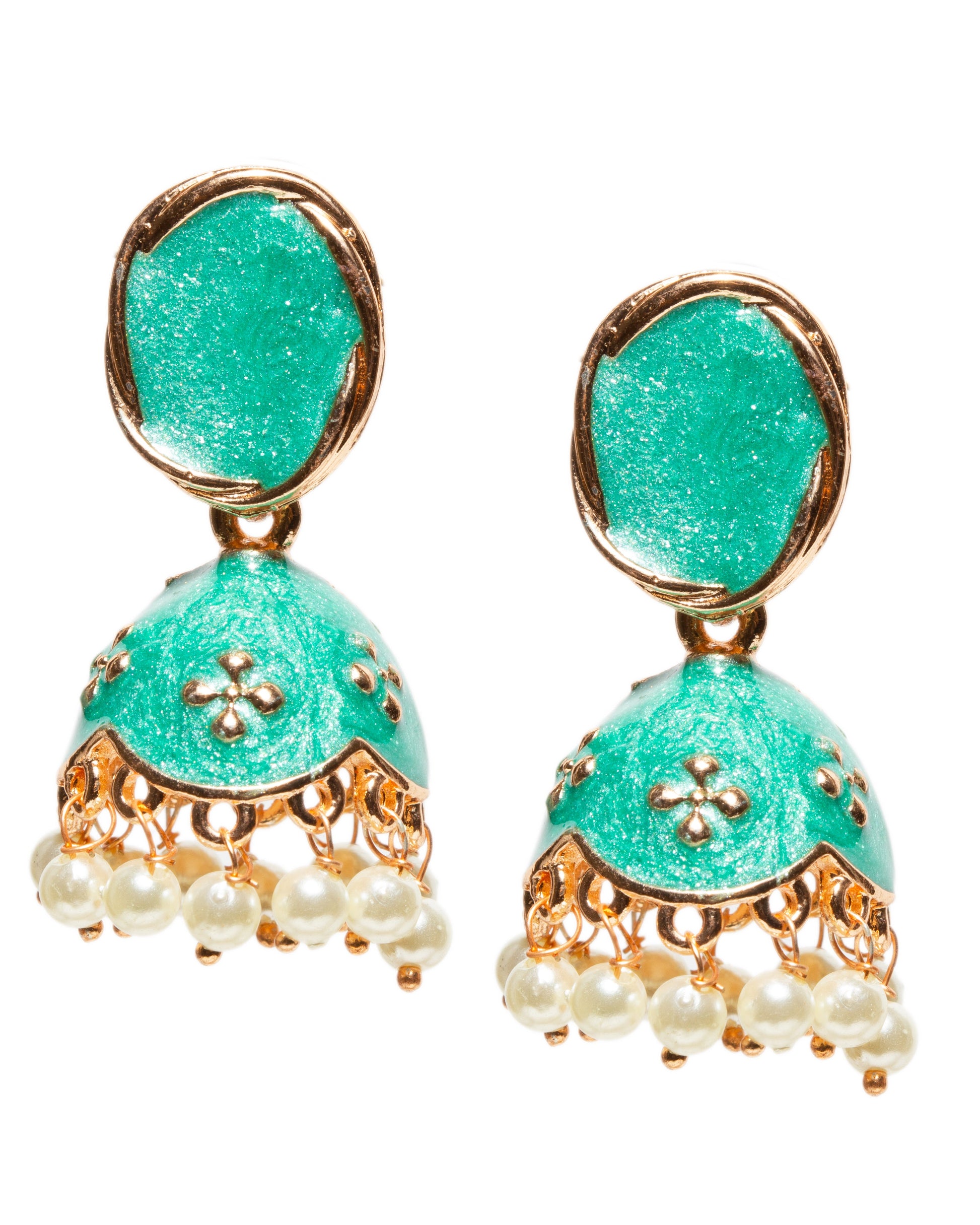 Bindhani rose gold-tone jhumka earrings featuring oval stud tops with green meenakari enamel work. The earrings have dome-shaped drops adorned with embossed motifs and dangling white pearl beads, creating a graceful traditional ethnic look.