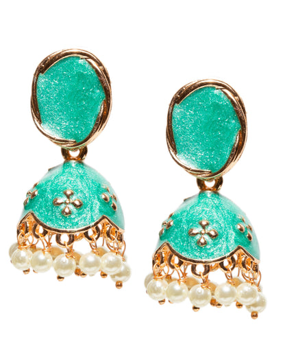 Bindhani rose gold-tone jhumka earrings featuring oval stud tops with green meenakari enamel work. The earrings have dome-shaped drops adorned with embossed motifs and dangling white pearl beads, creating a graceful traditional ethnic look.