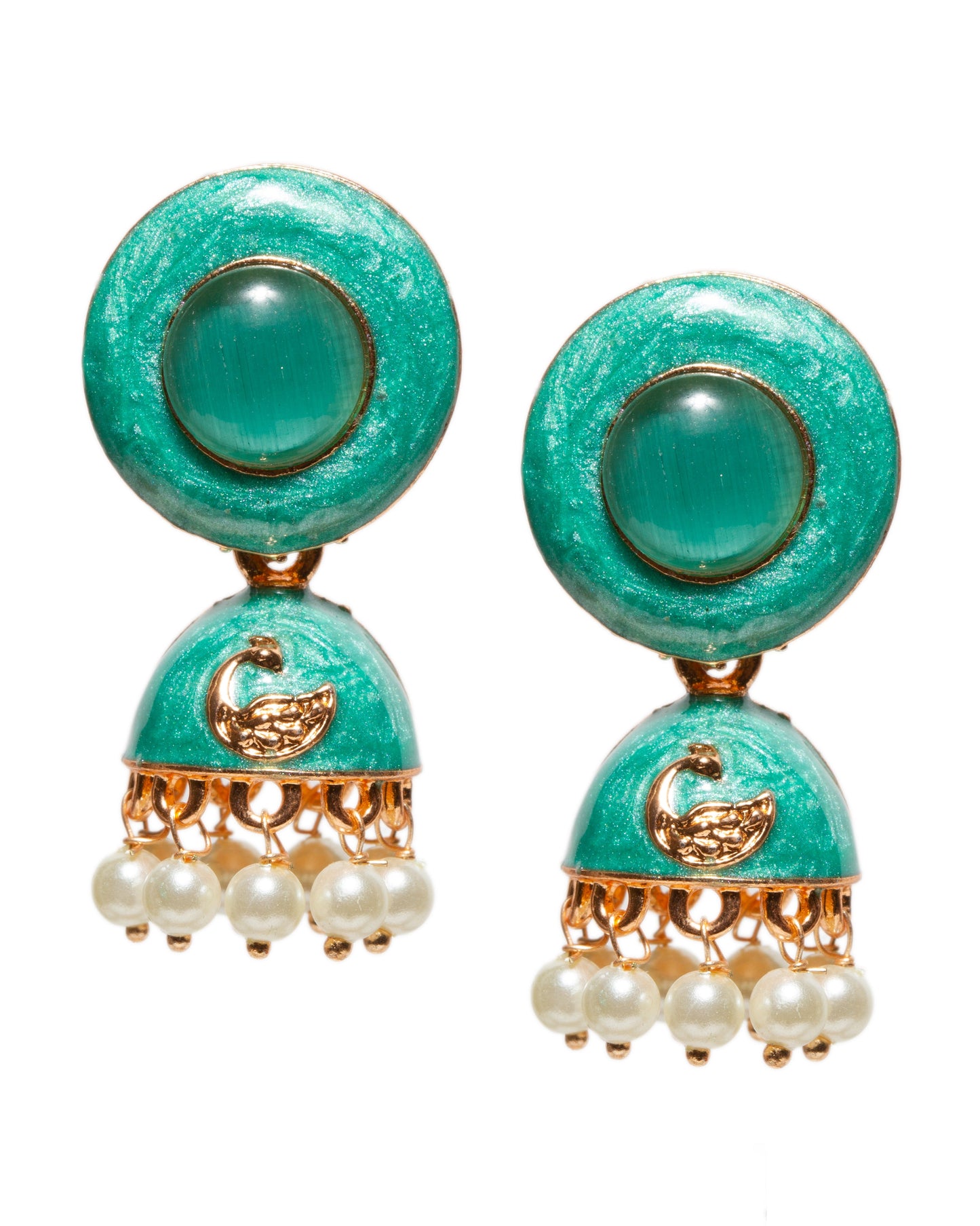 Bindhani gold-plated meenakari jhumka earrings with round rama green enamel stud tops, dome-shaped drops featuring embossed golden peacock motif detailing, and dangling white pearl beads in traditional ethnic style.