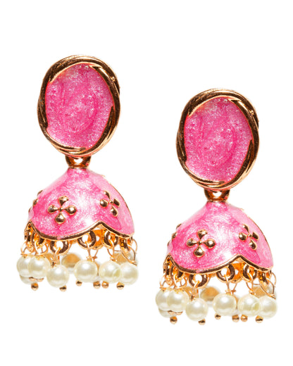 front view Bindhani rose gold-tone jhumka earrings featuring oval stud tops with pink meenakari enamel work. The earrings have dome-shaped drops adorned with embossed motifs and dangling white pearl beads, creating a graceful traditional ethnic look.
