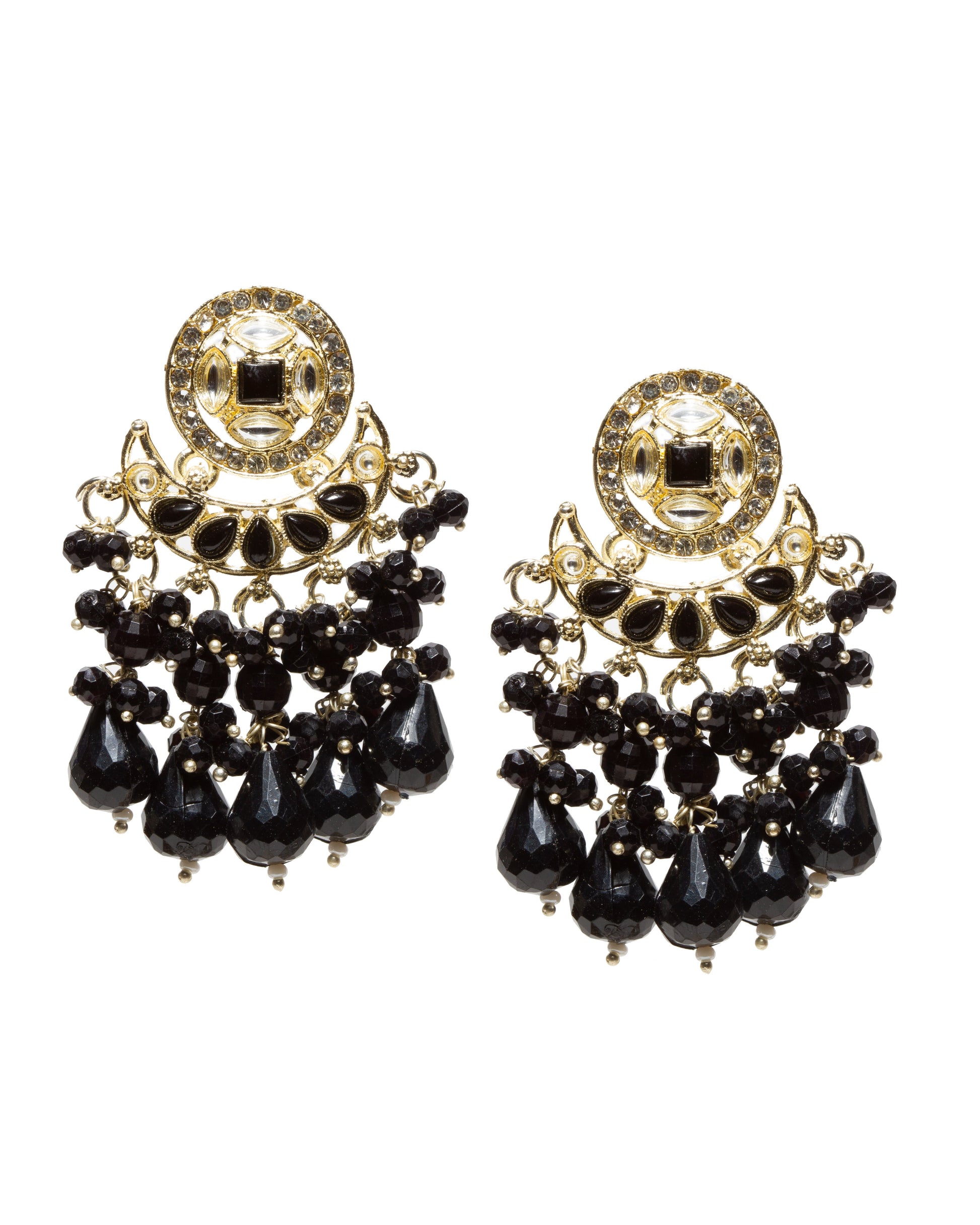 white background front view bindhani gold plated small earrings kundna stone black pearl drop chandbali earrings. Elegant traditional ethnic earrings ideal for festive, casual, and wedding wear. 