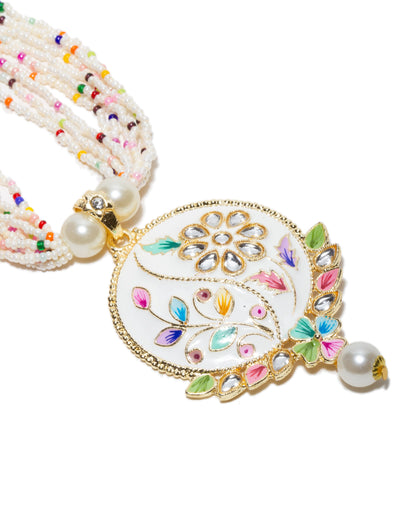 Front view Bindhani gold plated white color kundan stone pendant necklace with white beads and floral enamel design, traditional ethnic jewelry for women.