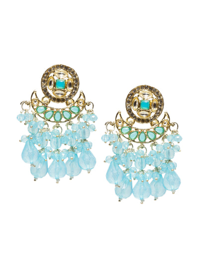 white background front view bindhani gold plated small earrings kundna stone firozi pearl drop chandbali earrings.Elegant traditional ethnic earrings ideal for festive, casual, and wedding wear. 