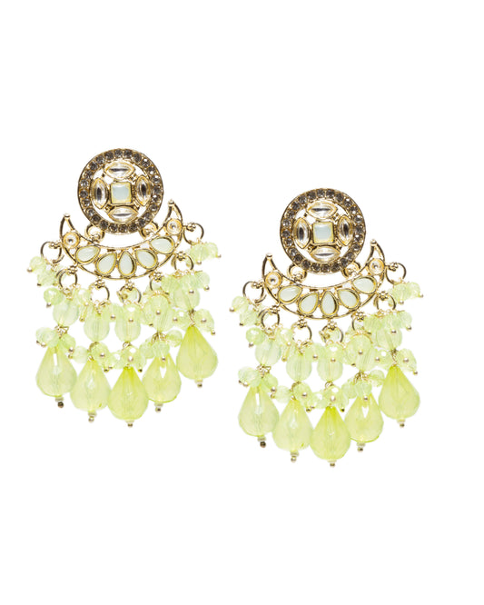white background front view bindhani gold plated small earrings kundna stone mint green pearl drop chandbali earrings. Elegant traditional ethnic earrings ideal for festive, casual, and wedding wear. 