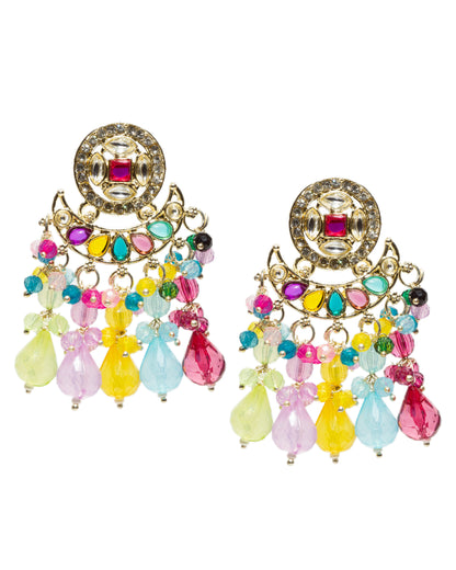white background front view bindhani gold plated small earrings kundna stone multi colors pearl drop chandbali earrings. Elegant traditional ethnic earrings ideal for festive, casual, and wedding wear. 