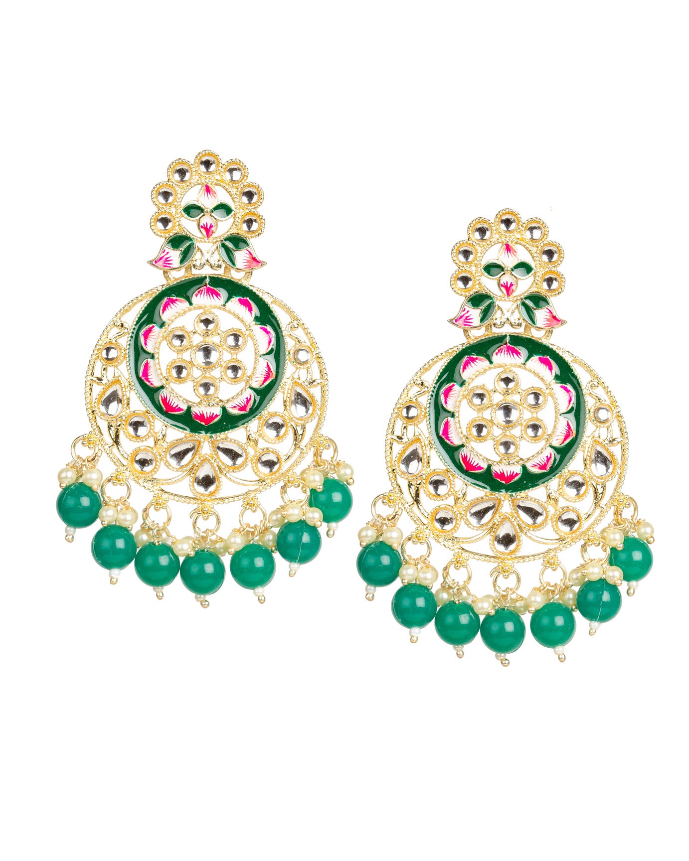 bindhani green beads meenakari kundan stone chandbali dangle drop earrings for women girls