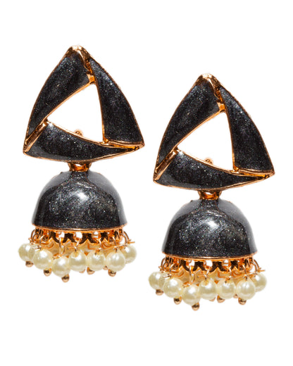 Pair of Bindhani Indian black small jhumka earrings featuring a modern triangular stud design with a glitter-textured black finish, gold-tone detailing, dome-shaped jhumka drops, and delicate white pearl bead accents along the edges.