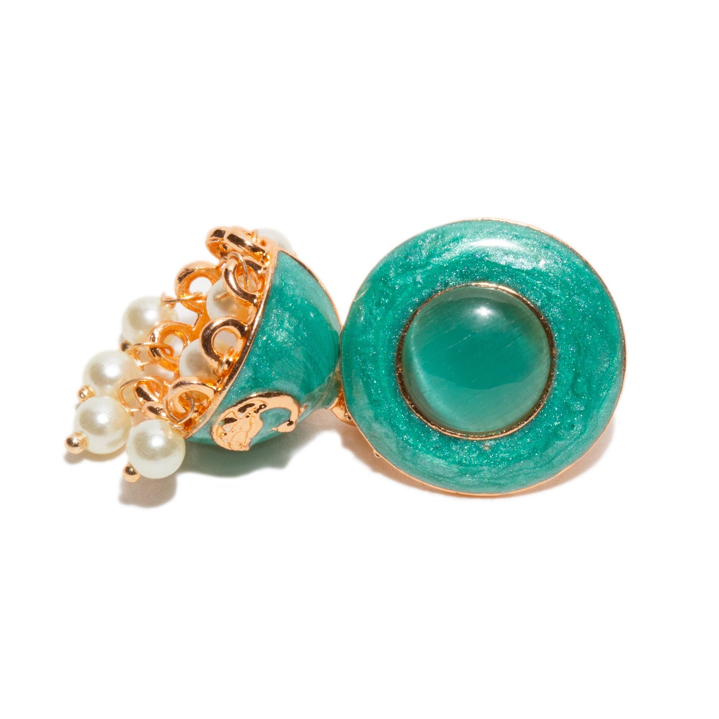 Bindhani gold-plated meenakari jhumka earrings with round rama green enamel stud tops, dome-shaped drops featuring embossed golden peacock motif detailing, and dangling white pearl beads in traditional ethnic style.
