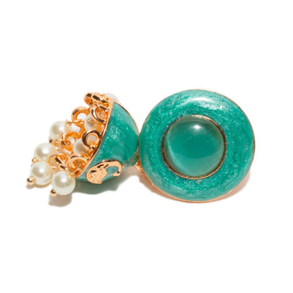 Bindhani gold-plated meenakari jhumka earrings with round rama green enamel stud tops, dome-shaped drops featuring embossed golden peacock motif detailing, and dangling white pearl beads in traditional ethnic style.