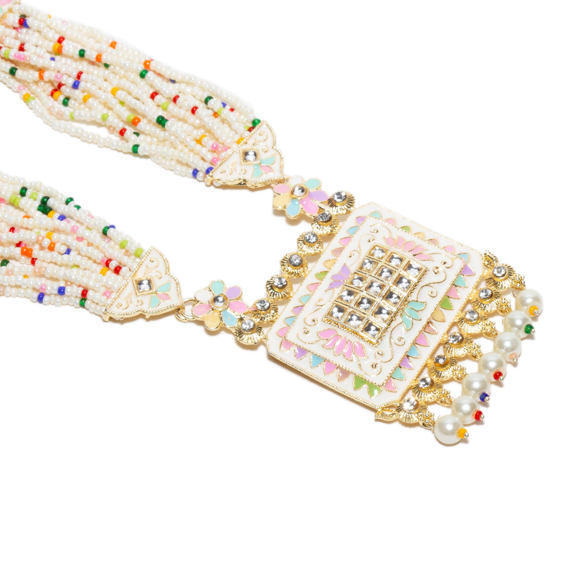 Bindhani-style long rani haar necklace set featuring multiple strands of white seed beads interspersed with small multicolor beads. The rectangular pendant has intricate kundan stonework and pastel enamel floral motifs in pink, mint green, and lavender, accented with small clear rhinestones. The pendant is finished with dangling pearl beads with tiny colored bead tips.enamel and kundan design, creating a coordinated traditional Indian jewelry set