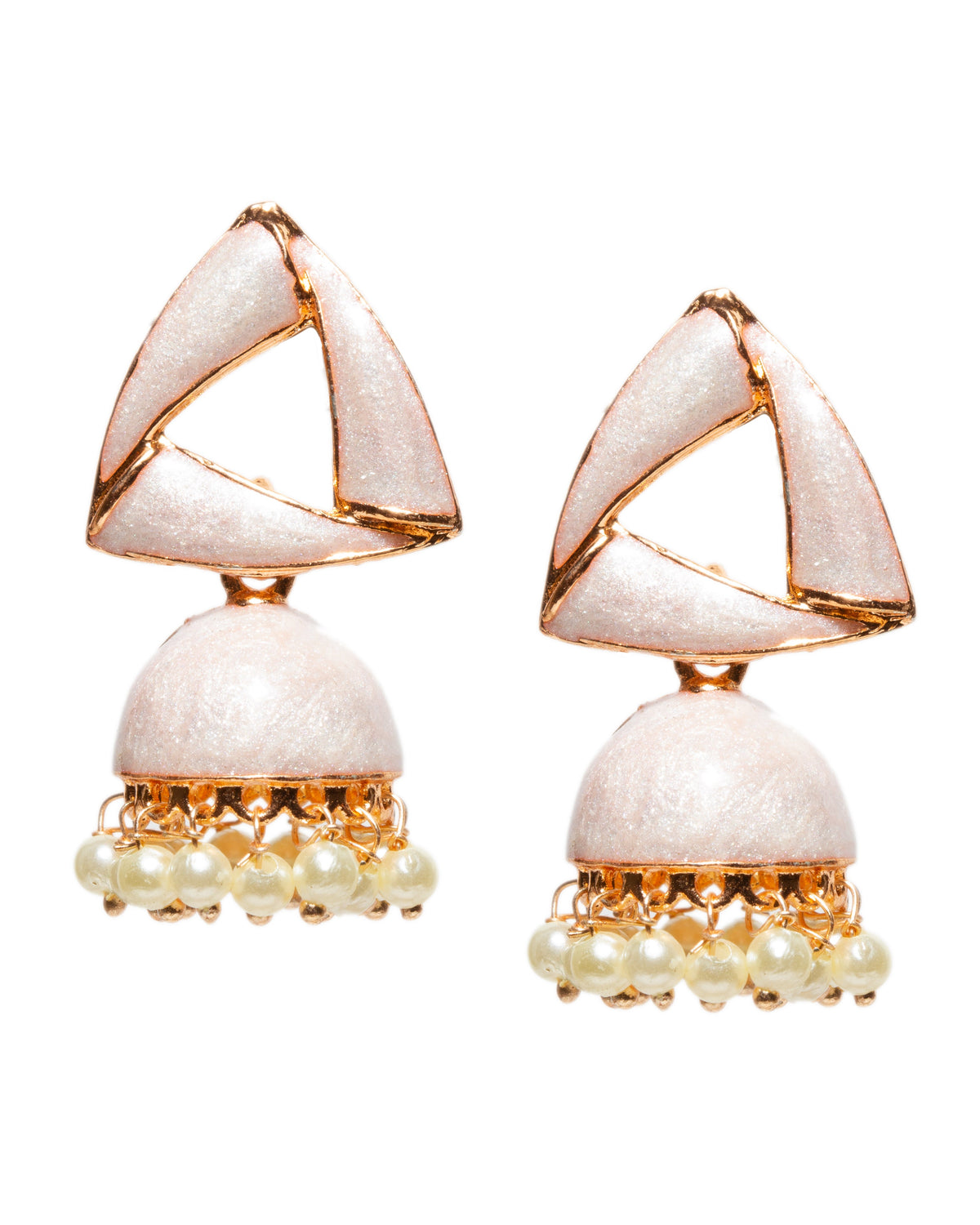 Pair of Bindhani Indian white small jhumka earrings featuring a modern triangular stud design with a glitter-textured black finish, gold-tone detailing, dome-shaped jhumka drops, and delicate white pearl bead accents along the edges.