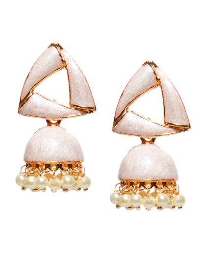 Pair of Bindhani Indian white small jhumka earrings featuring a modern triangular stud design with a glitter-textured black finish, gold-tone detailing, dome-shaped jhumka drops, and delicate white pearl bead accents along the edges.