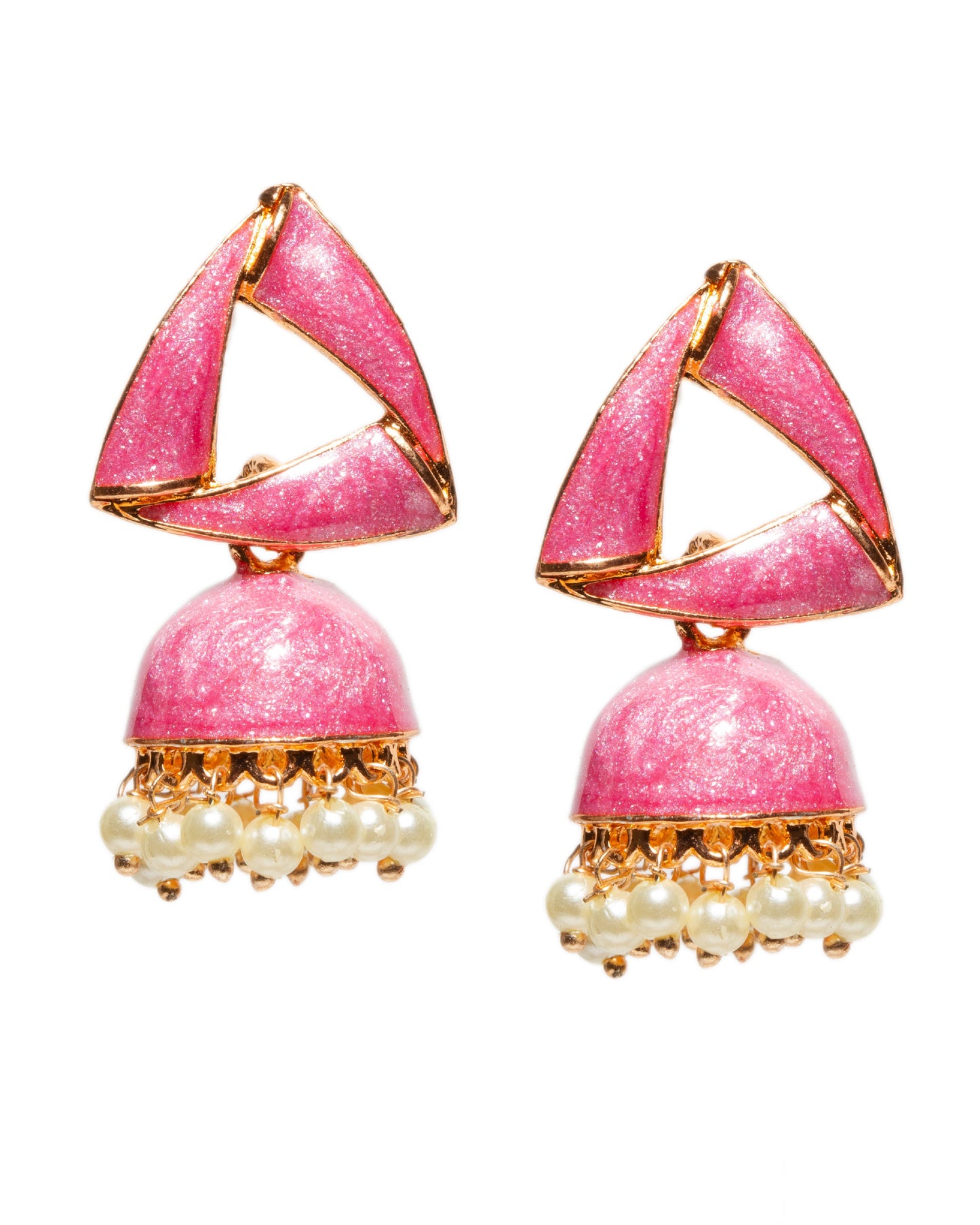 Pair of Bindhani Indian pink small jhumka earrings featuring a modern triangular stud design with a glitter-textured black finish, gold-tone detailing, dome-shaped jhumka drops, and delicate white pearl bead accents along the edges.