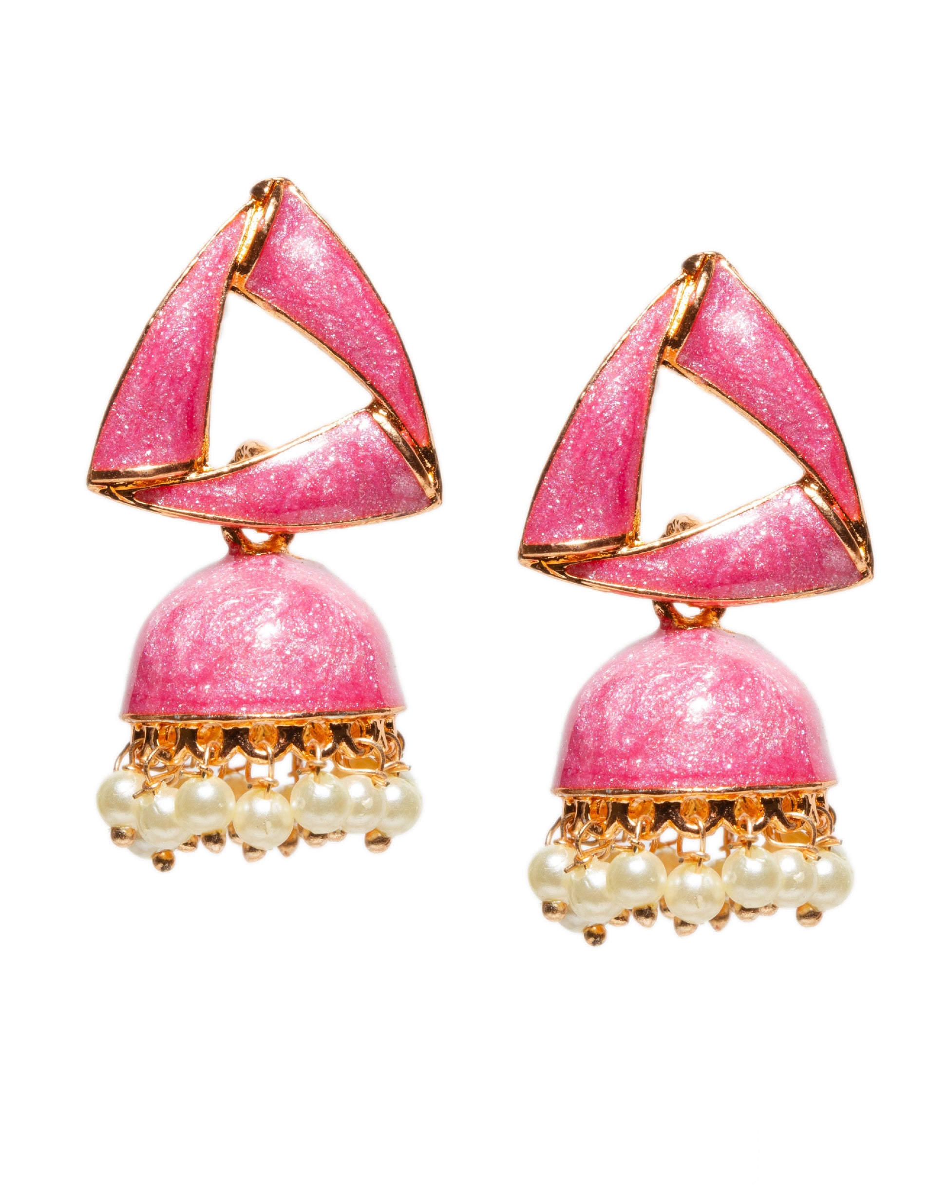 Pair of Bindhani Indian pink small jhumka earrings featuring a modern triangular stud design with a glitter-textured black finish, gold-tone detailing, dome-shaped jhumka drops, and delicate white pearl bead accents along the edges.