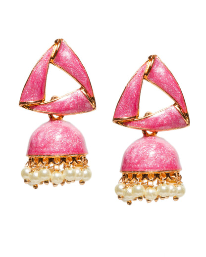 Pair of Bindhani Indian pink small jhumka earrings featuring a modern triangular stud design with a glitter-textured black finish, gold-tone detailing, dome-shaped jhumka drops, and delicate white pearl bead accents along the edges.